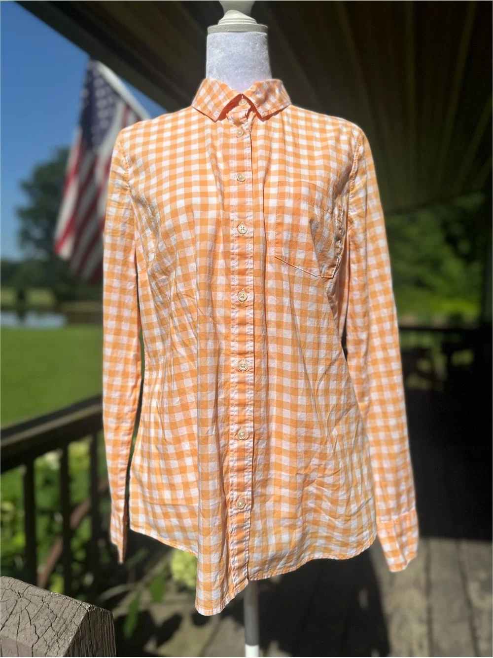 J. Crew Women’s Cotton Orange and White Gingham Button-Down Shirt